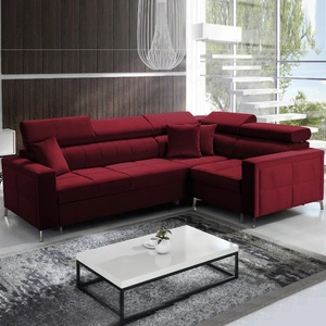 Nausa II Ecksofa mit Schlaffunktion kastanienbrauner Samt rechtes Ecksofa mit Ziernähten an der Sitzfläche Ecksofa mit Bettzeugfach