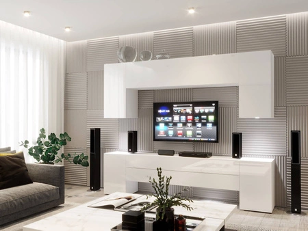 Tolo weiß / weiß glänzend unkonventionelle Schrankwand mit elegantem Charakter, ideal für ein Wohnzimmer oder einen Sitzungssaal