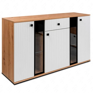 Schubladenkommode Senja 140 cm artisan Eiche / weiß elegantes Design dekorative kannelierte Front mit Metallgriff