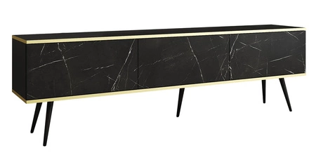 TV-Schrank Luxury 175 cm schwarzer Marmor eleganter Designkorpus mit goldener Zierleiste Schrank auf schwarzen Metallbeinen
