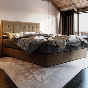Boxspringbett Widnes 140x200 hellbraunes Bett im modernen skandinavischen Stil mit markantem Kopfteil