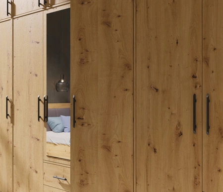 Kleiderschrank mit Spiegel Caspe 200 cm Eiche handwerklich modernes Design ABS-Finish und schwarze Griffe