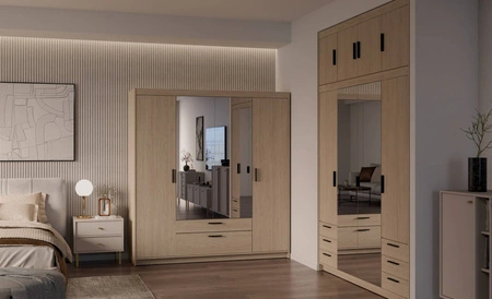 Kleiderschrank mit Spiegel Rene 176 cm Eiche geölt stilvolles Design schwarze Griffe idealer Kleiderschrank für Schlafzimmer geräumige Schubladen