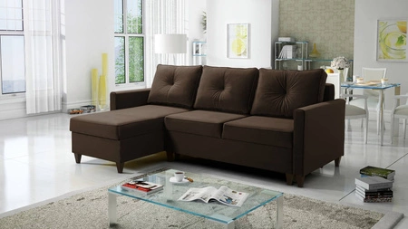 Ecksofa mit Schlaffunktion Terni braun linke Ecke ein praktisches und funktionelles Ecksofa, das mit geräumigen Behältern für Bettzeug ausgestattet ist