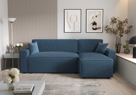 Ecksofa mit Schlaffunktion Brandon Bis blau rechte Ecke dreidimensionaler Stoff mit ausdrucksstarken Streifen Bettzeug Container