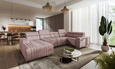 Ecksofa mit Schlaffunktion Castel IV rosa linke Seite stilvolles Ecksofa mit Bettzeugbehältern und verstellbaren Kopfstützen