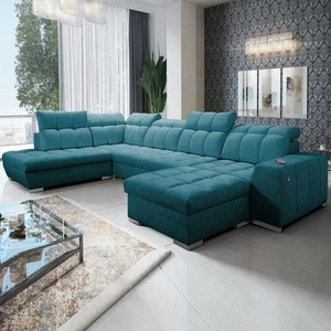 Ecksofa mit Schlaffunktion Luigi VI türkis türkisfarbenes stilvolles Bettsofa mit Bettzeugcontainern, bezogen mit weichem Stoff
