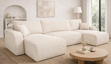 Ecksofa mit Schlaffunktion Fiesta U XL elfenbein elegantes Ecksofa für Wohnzimmer mit Bettzeugablage Kordstoff
