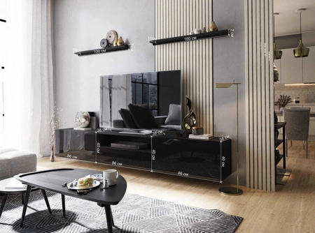 Ekali 258 cm schwarz / schwarz glänzend Wandschrank RTV mit Einlegeböden elegantes und stilvolles Design zu jeder Einrichtung passen