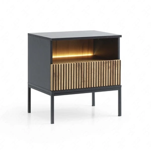 Nachttisch mit Schublade Amma schwarz / Eiche wotan geschmackvolles geriffeltes Dekor LED Beleuchtung idealer Schlafzimmerschrank