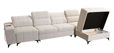 Ecksofa mit Schlaffunktion Penejos XII lachsfarbe rechts stilvolles Ecksofa mit Bettzeugcontainern komfortable verstellbare Kopfstützen