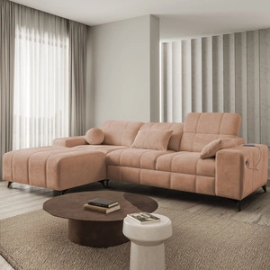 Ecksofa mit Schlaffunktion Penejos Lachs links elegantes Ecksofa mit Bettzeugablage bequem verstellbare Kopfstützen