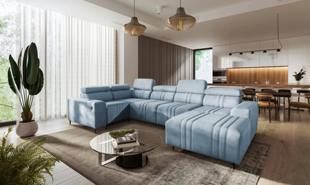 Ecksofa mit Schlaffunktion Castel IV blau rechte Seite stilvolles Ecksofa mit Bettzeugcontainer und verstellbaren Kopfstützen