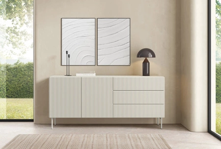 Möbelset Muti beige Designer-Wohnwand auffällige Rillen in den Möbelfronten und Korpus Push-to-Open-System