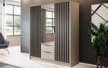 Spiegelschrank Aspen 155 cm Beige / schwarze Lamellen modernes Möbeldesign Schranktür mit Lamellen verziert