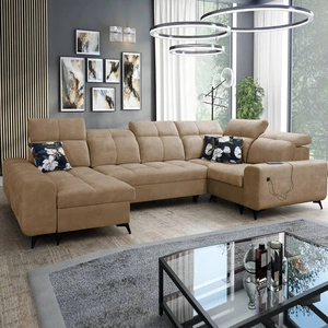 Buffalo IV Schlafsofa dunkelbeige linke Ecke Schlafsofa mit zwei Bettzeug Container Velours Stoff