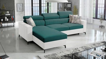 Ecksofa mit Schlaffunktion Savona türkis/weiß links elegantes Ecksofa mit verstellbaren Kopfstützen Ziernähte 