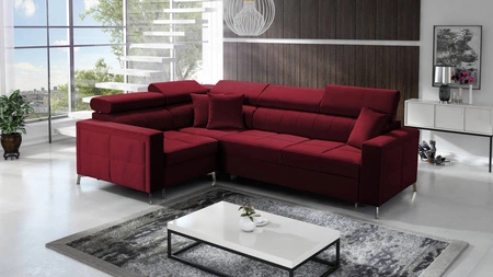 Ecksofa mit Schlaffunktion Nausa II burgunderrot links Samt Ziernähte auf der Sitzfläche Ecksofa mit Bettkasten
