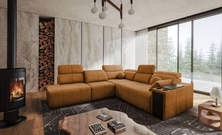 Ecksofa mit Schlaffunktion Tesalia IX Honig links modernes Design komfortable Schiebelehne Schublade in der Seite des Möbels