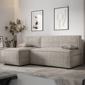 Ecksofa mit Schlaffunktion Brandon Creme linke Seite weicher Stoff mit charakteristischer Schlingenoberfläche Bettzeugbehälter