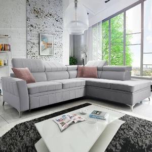 Ecksofa mit Schlaffunktion Rava III grau Esche rechts Samt komfortables Ecksofa mit verstellbaren Kopfstützen und Bettzeugbehälter