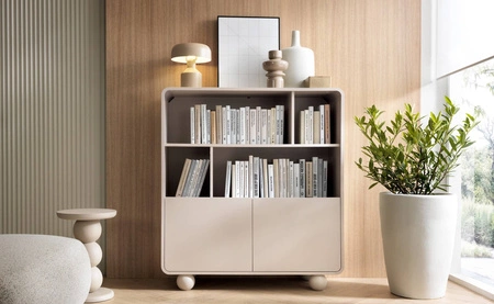 Bücherregal Bion 108 cm beige modernes Design gedeckte Farben Designer runde Form stilvolle kugelförmige Beine