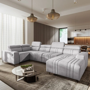 Ecksofa mit Schlaffunktion Castel IV graue Esche rechtes Ecksofa stilvoll mit Bettzeugcontainer und verstellbaren Kopfstützen