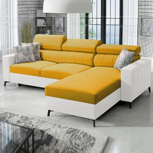 Ecksofa mit Schlaffunktion Savona gelb / weiß rechts elegantes Ecksofa mit verstellbaren Kopfstützen Ziernähte