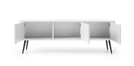 RTV Schrank Zoya 168 cm weiß modernes Design Körper auf Metallbeinen geriffelte Front charakteristische ovale Form gesetzt