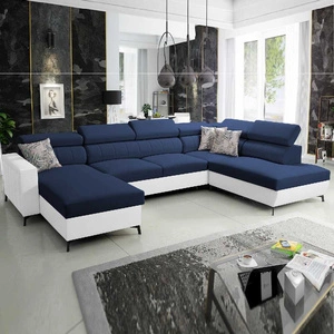 Ecksofa mit Schlaffunktion Savona VI blau/weiß links elegantes und bequemes Ecksofa für Wohnzimmer zwei Container für Bettzeug
