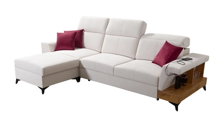 Ecksofa mit Schlaffunktion Bresso braun/weiß linke Seite stilvolles Ecksofa mit praktischer Ablage in schwarz verstellbare Kopfstützen