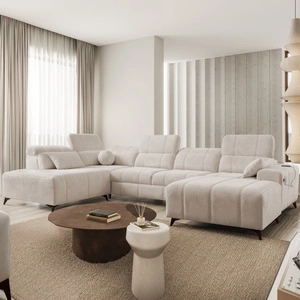 Penejos VI Ecksofa mit Schlaffunktion beige rechtsseitig stilvolles Ecksofa mit zwei Bettkästen strapazierfähiger Stoff