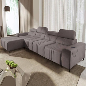 Ecksofa mit Schlaffunktion Castel XII grau braun linke Seite stilvolles und bequemes Ecksofa für Wohnzimmer funktionelle verstellbare Kopfstützen