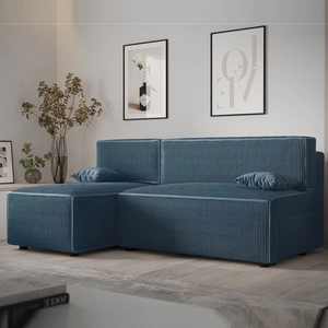 Ecksofa mit Schlaffunktion Brandon blau links dreidimensionaler Stoff mit ausdrucksstarken Streifen Bettzeug Container