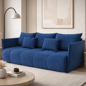 Sofa mit Schlaffunktion Selva dunkelblau funktionelles Wohnzimmersofa mit Stauraum für Bettzeug aus bequemem Plüschstoff