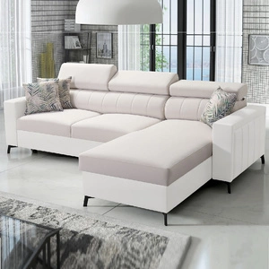 Ecksofa mit Schlaffunktion Savona creme / weiß rechts elegantes Ecksofa mit verstellbaren Kopfstützen Ziernähte