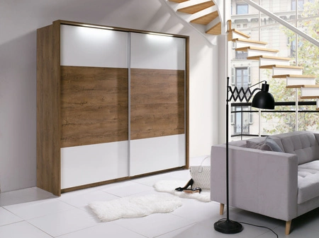 Schiebeschrank Latika 230 cm Eiche weinrot / weiß modernes Schrankdesign zwei Einbau-Schubladen und Aluminium-Türführungen