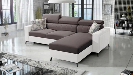 Ecksofa mit Schlaffunktion Savona braun / weiß rechts elegantes Ecksofa mit verstellbaren Kopfstützen Ziernähte 