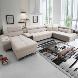 Ecksofa mit Schlaffunktion Dafni V hellbeige Linkshänder-Ecksofa aus Samt mit verstellbaren Kopfstützen