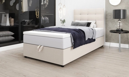 Boxspringbett Kingston 90x200 beige Bett im modernen skandinavischen Stil mit gepolstertem Kopfteil mit Kristallen Bett mit Staukasten
