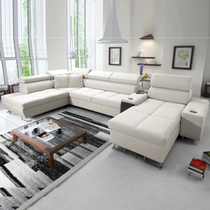 Ecksofa mit Schlaffunktion Dafni V elfenbeinfarbener Samt rechts komfortables Ecksofa mit verstellbaren Kopfstützen