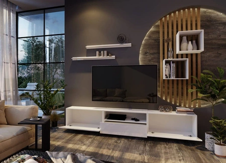 Metoni weiß / weiß glänzend universelle und stilvolle Wohnwand für das Wohnzimmer minimalistisches Design in einer modernen Umgebung