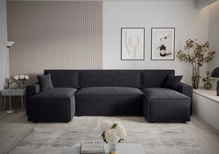 Ecksofa mit Schlaffunktion Brandon U Bis schwarzer Bettzeugbehälter Armlehnen Stoff mit ausgeprägter Schlingenoberfläche
