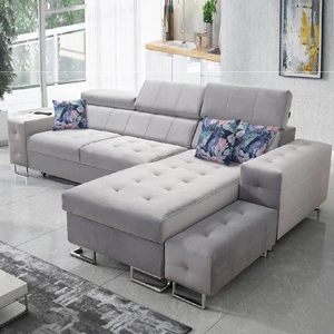 Ecksofa mit Schlaffunktion Hampton grau Esche rechts stilvolle Steppung auf der Sitzfläche weicher Polsterstoff Ecksofa mit Verlängerung
