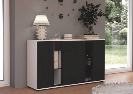 Kommode mit Schublade Senja 140 cm weiß / schwarz elegantes Design dekorative geriffelte Front mit Metallgriff