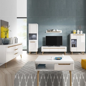 Atka Möbelset weiß / weiß glänzend / Eiche riviera modernes Design Kante mit Spezialfurnier verkleidet Sicherheitsglas gehärtet