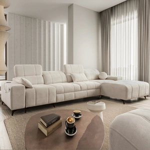 Ecksofa mit Schlaffunktion Penejos XII creme rechts stilvolles Ecksofa mit Bettzeugcontainern komfortable verstellbare Kopfstützen