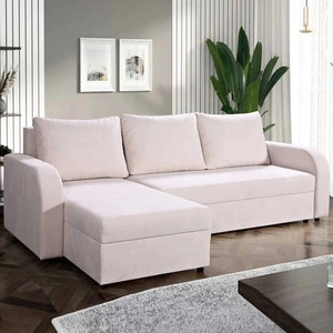 Ecksofa mit Schlaffunktion Scarlo beige universal in Positionierung Ecksofa für Wohnzimmer aus strapazierfähigem Veloursstoff