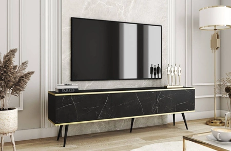 TV-Schrank Luxury 175 cm schwarzer Marmor eleganter Designkorpus mit goldener Zierleiste Schrank auf schwarzen Metallbeinen
