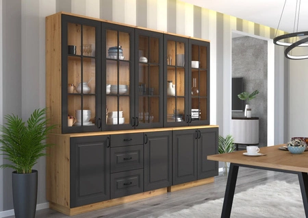 Kommode Erweiterung Style 100 cm Eiche artisan / grau graphit klassisches Design Sicherheit gehärtetes Glas gefräste Fronten Metallgriffe